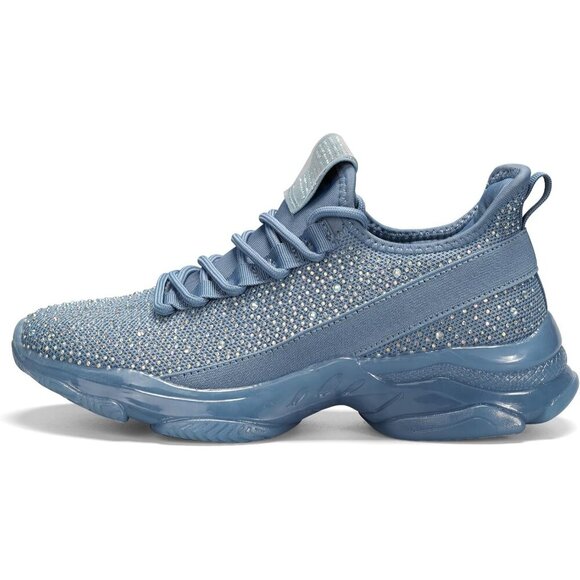 🆕 Women's Rhinestone Mesh Slip-On Walking Shoes Breathable Sparkle Glitter Blue - Picture 1 of 8